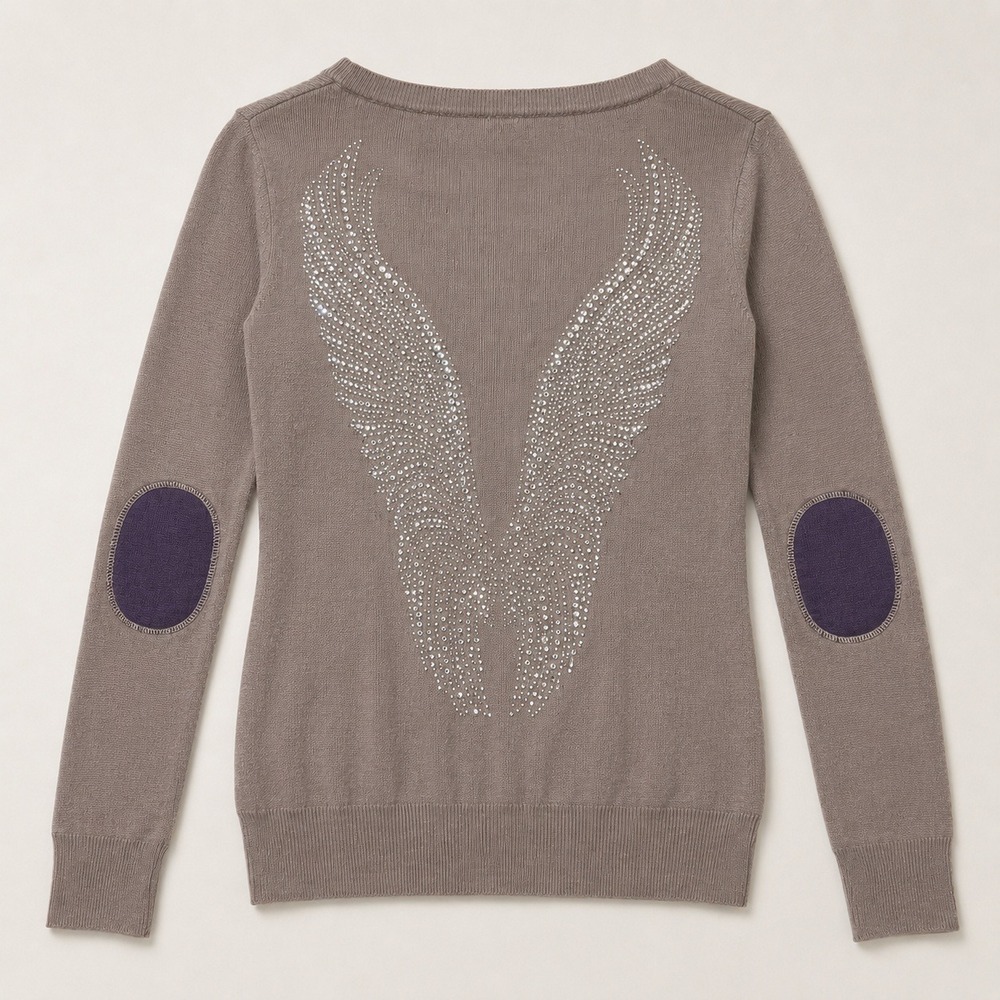 y2k Lili Lovely Paris Mauve Henley Sweater Rhinestone Angel Wings Elbow Patch S